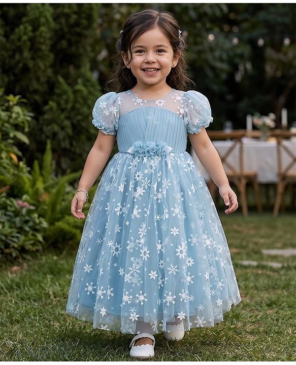 Babyhug Short Sleeves Snowflakes Printed with Corsage Frock - Frozen Blue