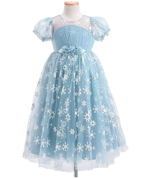 Babyhug Short Sleeves Snowflakes Printed with Corsage Frock - Frozen Blue