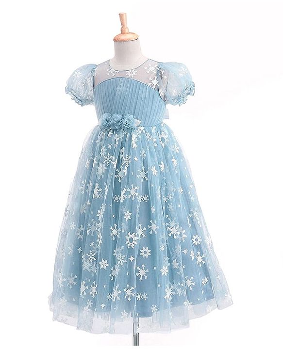 Babyhug Short Sleeves Snowflakes Printed with Corsage Frock - Frozen Blue