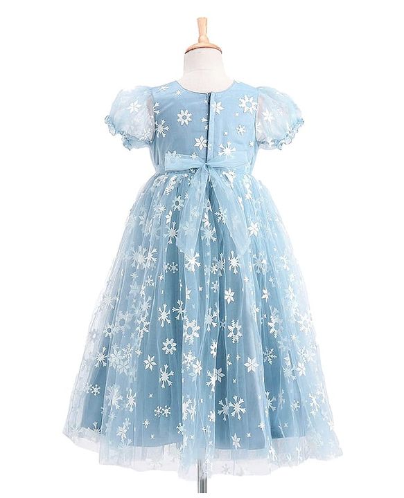 Babyhug Short Sleeves Snowflakes Printed with Corsage Frock - Frozen Blue