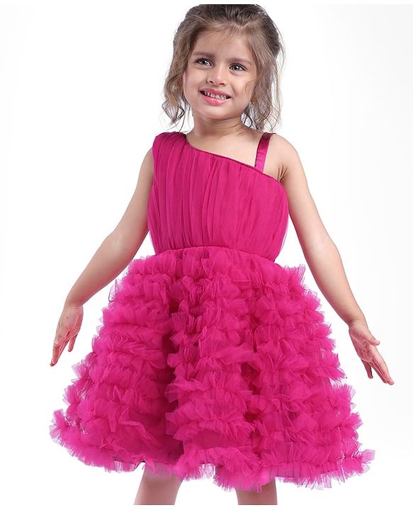 Babyhug Mesh Sleeveless Solid Color Party Frock - Fuchsia