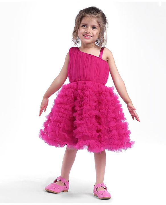 Babyhug Mesh Sleeveless Solid Color Party Frock - Fuchsia