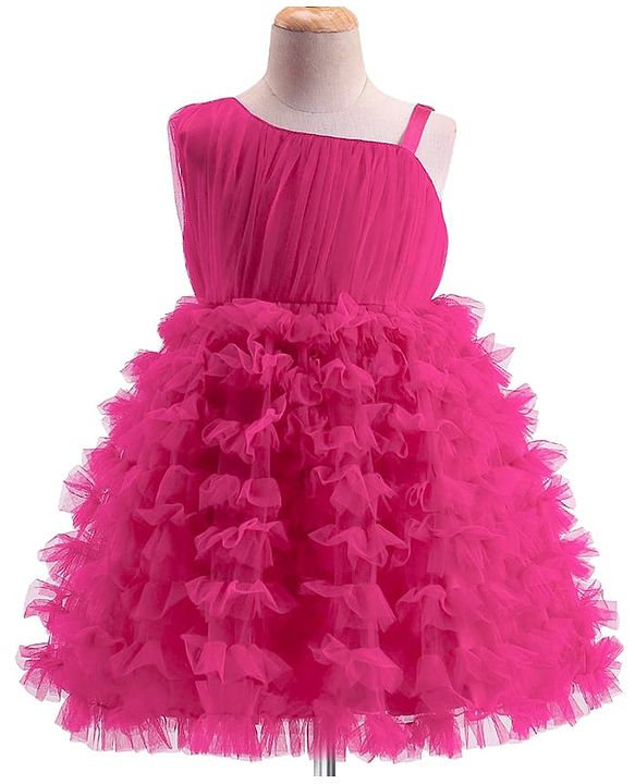 Babyhug Mesh Sleeveless Solid Color Party Frock - Fuchsia