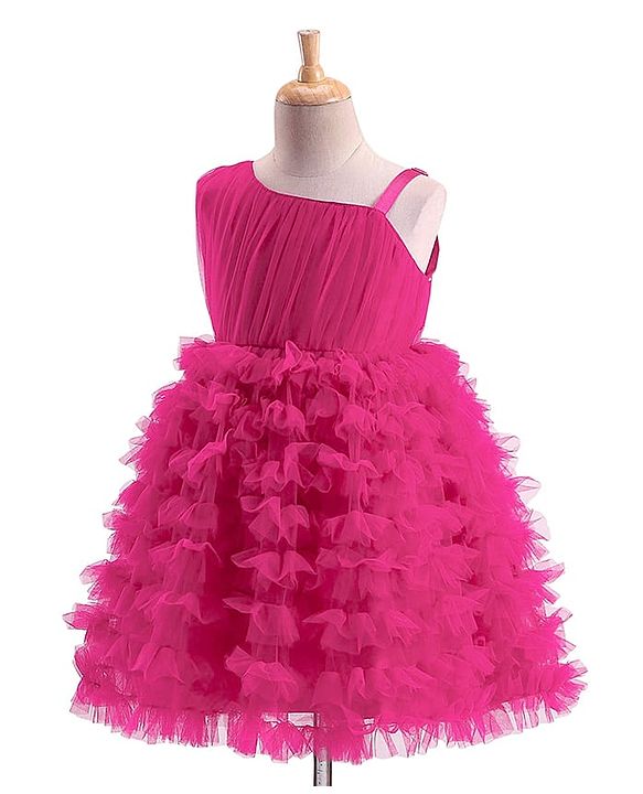 Babyhug Mesh Sleeveless Solid Color Party Frock - Fuchsia