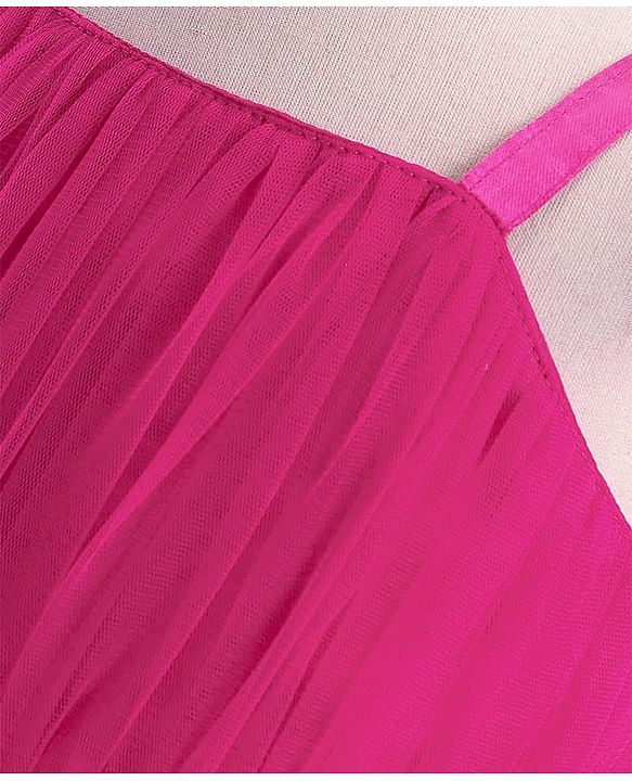 Babyhug Mesh Sleeveless Solid Color Party Frock - Fuchsia