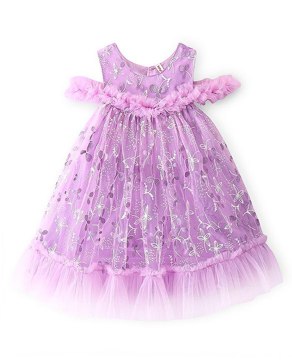Babyhug Woven Sleeveless A Line Party Frock With Floral & Corsage - Lavender