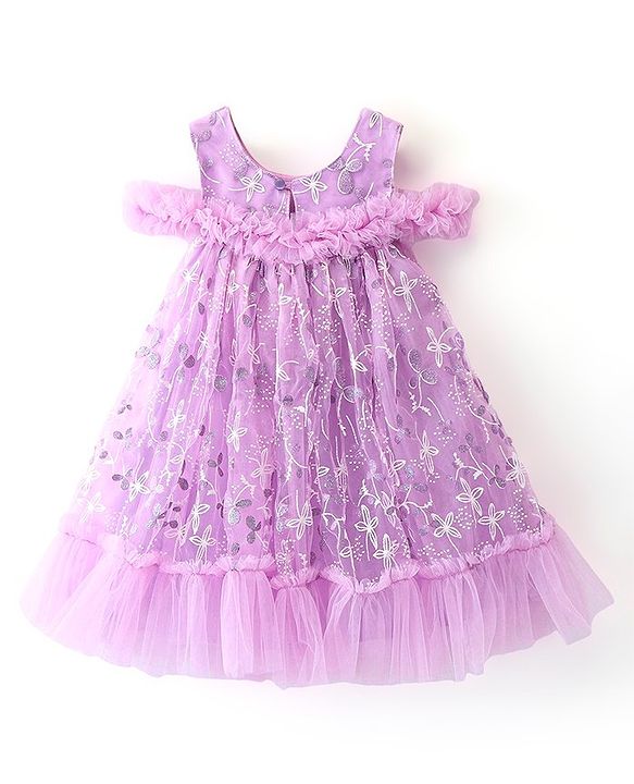 Babyhug Woven Sleeveless A Line Party Frock With Floral & Corsage - Lavender