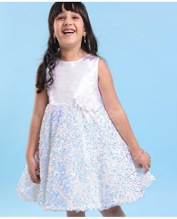 Babyhug Sleeveless Sequinned Fur Flare Party Frock with Floral Applique -White
