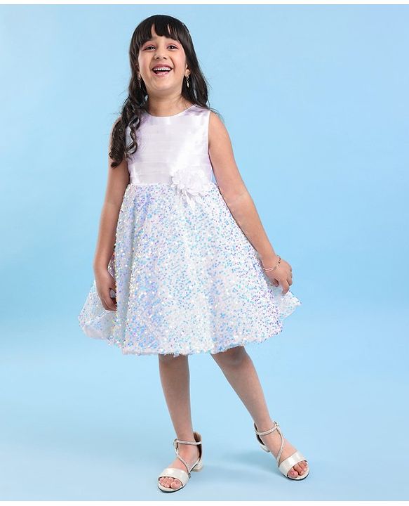 Babyhug Sleeveless Sequinned Fur Flare Party Frock with Floral Applique -White