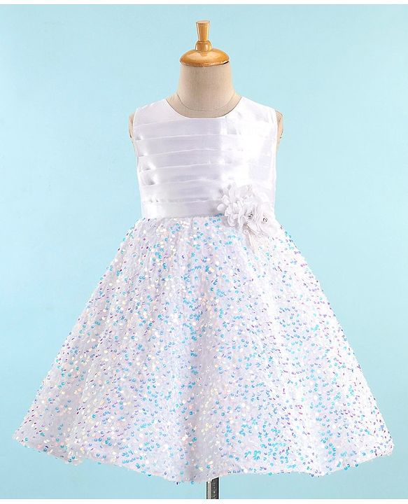 Babyhug Sleeveless Sequinned Fur Flare Party Frock with Floral Applique -White