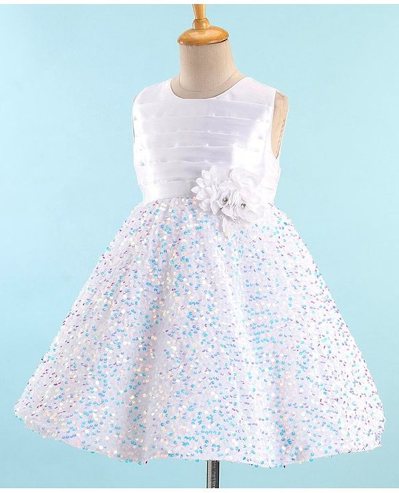 Babyhug Sleeveless Sequinned Fur Flare Party Frock with Floral Applique -White