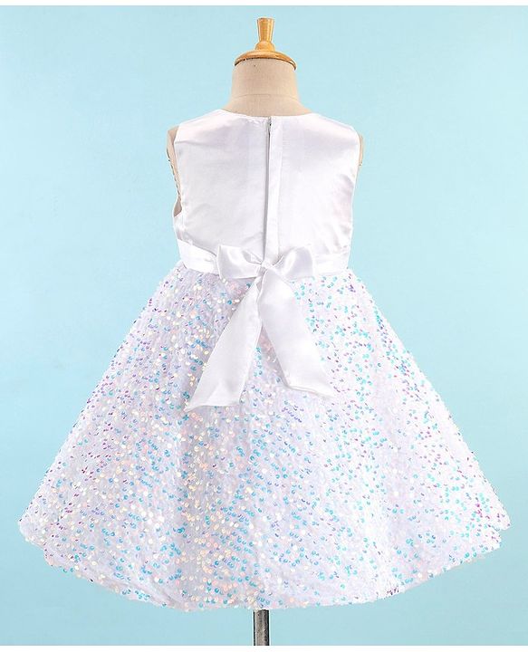 Babyhug Sleeveless Sequinned Fur Flare Party Frock with Floral Applique -White