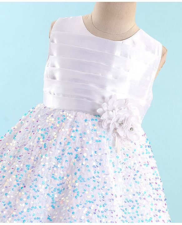 Babyhug Sleeveless Sequinned Fur Flare Party Frock with Floral Applique -White