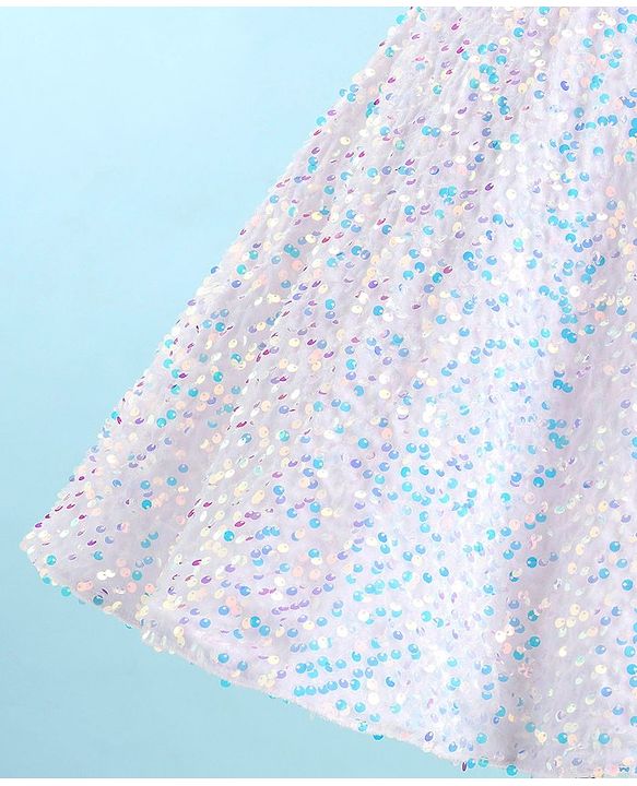 Babyhug Sleeveless Sequinned Fur Flare Party Frock with Floral Applique -White