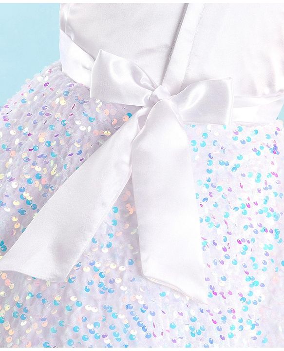 Babyhug Sleeveless Sequinned Fur Flare Party Frock with Floral Applique -White