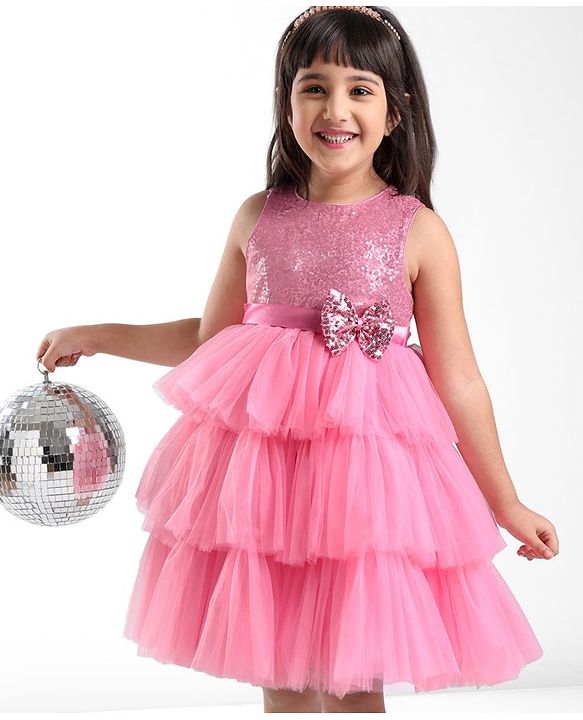 Babyhug Sleeveless Layered Party Frock With Sequin Embroidery & Bow Applique- Dusty Pink