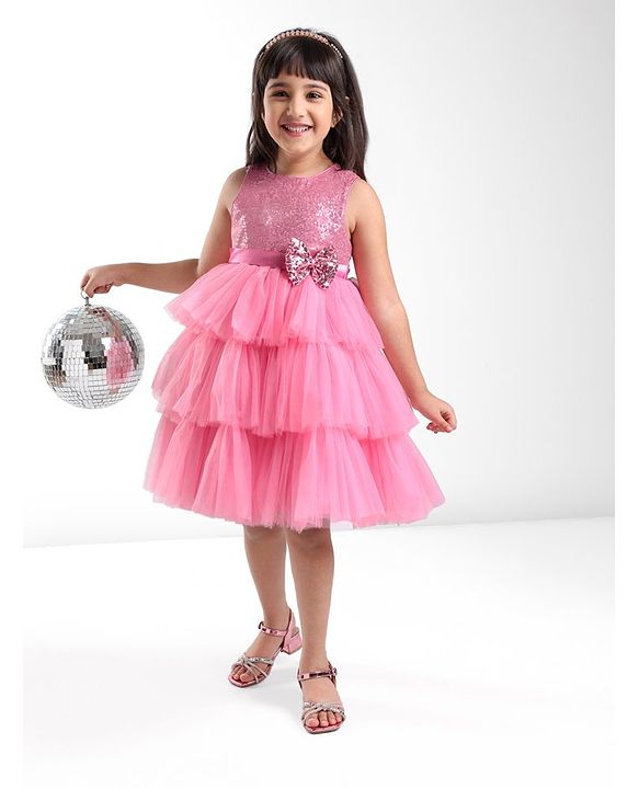 Babyhug Sleeveless Layered Party Frock With Sequin Embroidery & Bow Applique- Dusty Pink