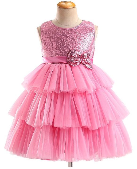 Babyhug Sleeveless Layered Party Frock With Sequin Embroidery & Bow Applique- Dusty Pink