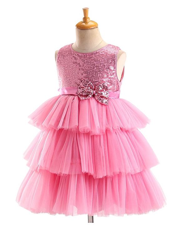 Babyhug Sleeveless Layered Party Frock With Sequin Embroidery & Bow Applique- Dusty Pink