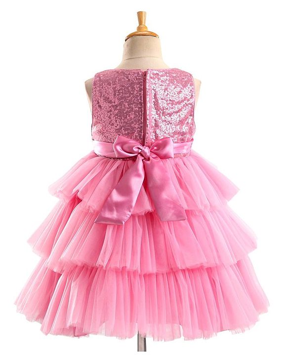 Babyhug Sleeveless Layered Party Frock With Sequin Embroidery & Bow Applique- Dusty Pink
