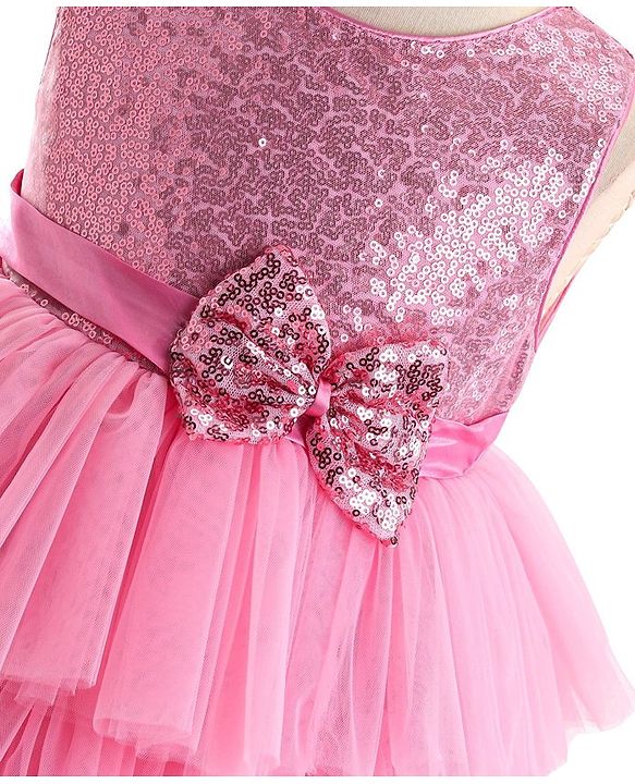Babyhug Sleeveless Layered Party Frock With Sequin Embroidery & Bow Applique- Dusty Pink