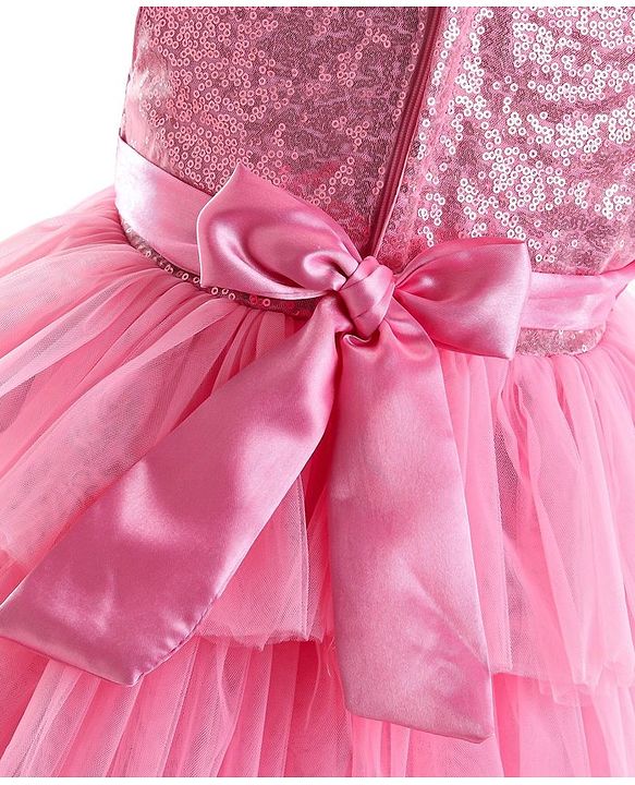 Babyhug Sleeveless Layered Party Frock With Sequin Embroidery & Bow Applique- Dusty Pink