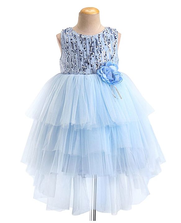 Babyhug Woven Sleeveless Sequinned Party Frock with Floral Applique -Powder Blue