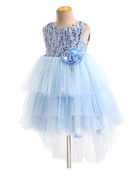 Babyhug Woven Sleeveless Sequinned Party Frock with Floral Applique -Powder Blue