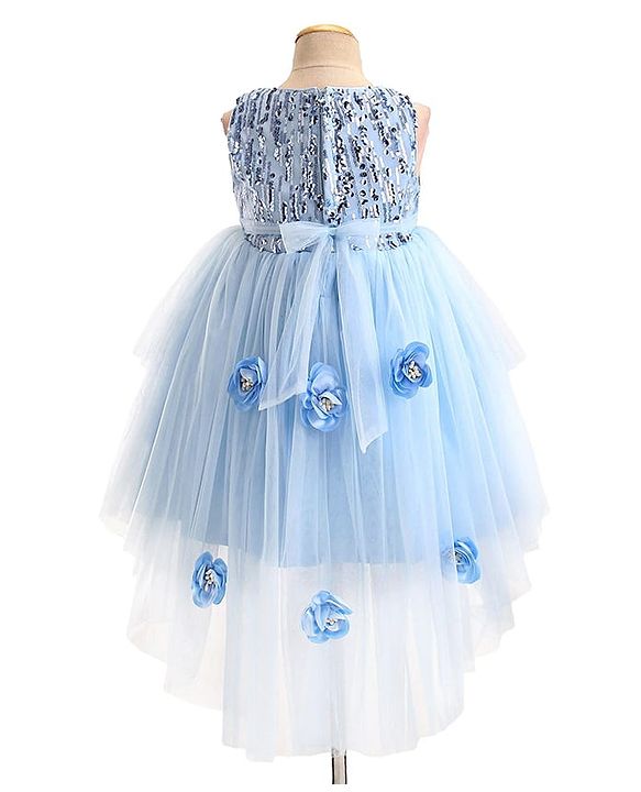 Babyhug Woven Sleeveless Sequinned Party Frock with Floral Applique -Powder Blue