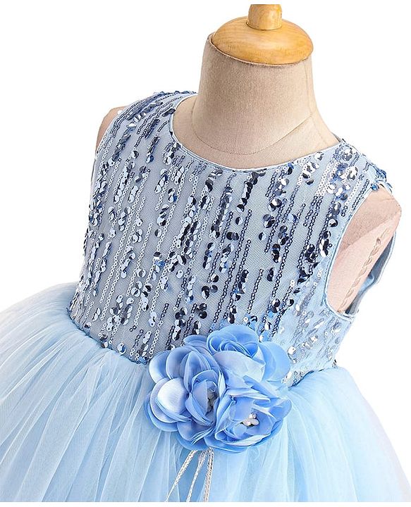 Babyhug Woven Sleeveless Sequinned Party Frock with Floral Applique -Powder Blue