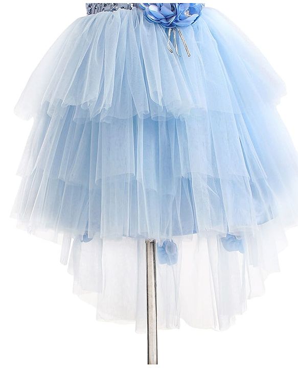 Babyhug Woven Sleeveless Sequinned Party Frock with Floral Applique -Powder Blue