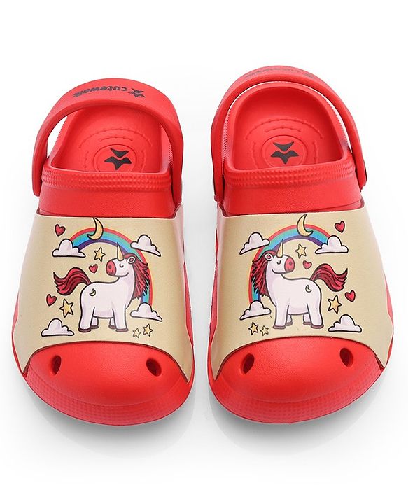 Cute Walk by Babyhug Clogs with Back Strap Unicorn Print - Red