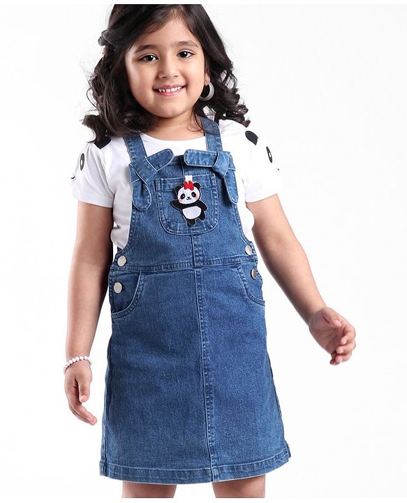 Babyhug 100% Cotton Knit Denim Frock With Half Sleeves Inner T-Shirt Panda Embroidery - Blue & White
