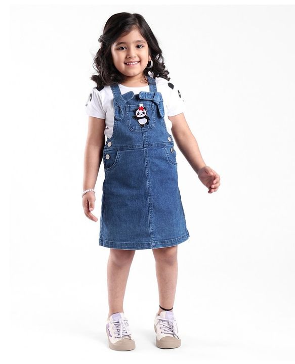 Babyhug 100% Cotton Knit Denim Frock With Half Sleeves Inner T-Shirt Panda Embroidery - Blue & White