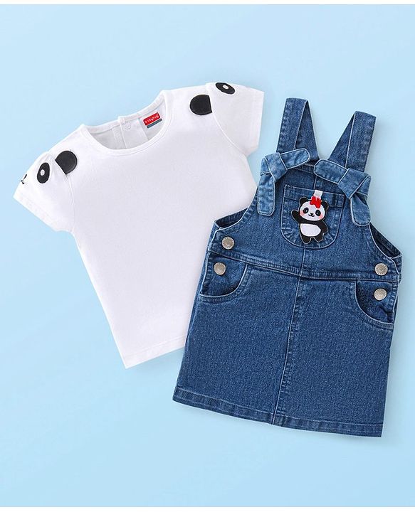 Babyhug 100% Cotton Knit Denim Frock With Half Sleeves Inner T-Shirt Panda Embroidery - Blue & White