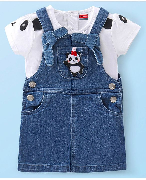 Babyhug 100% Cotton Knit Denim Frock With Half Sleeves Inner T-Shirt Panda Embroidery - Blue & White