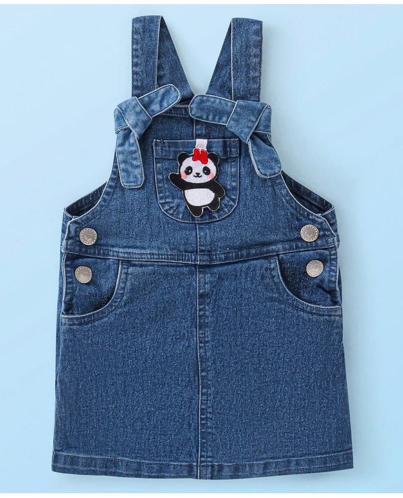 Babyhug 100% Cotton Knit Denim Frock With Half Sleeves Inner T-Shirt Panda Embroidery - Blue & White