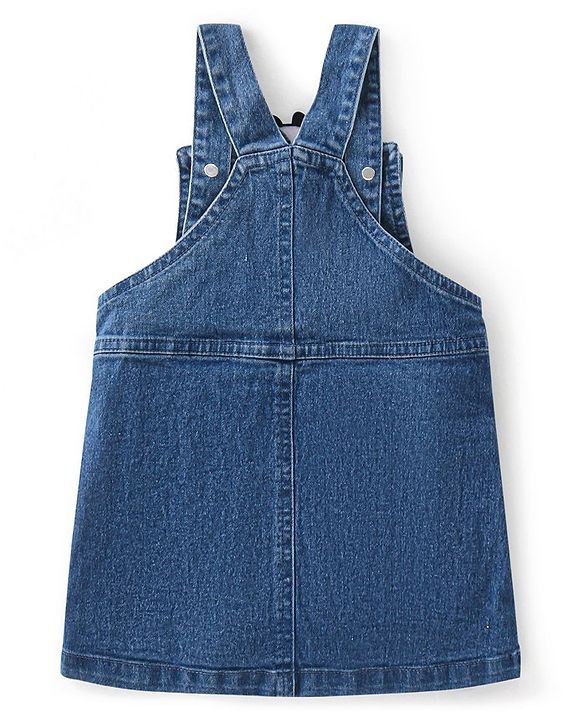 Babyhug 100% Cotton Knit Denim Frock With Half Sleeves Inner T-Shirt Panda Embroidery - Blue & White