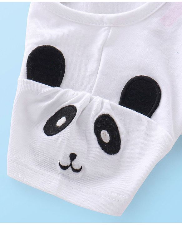 Babyhug 100% Cotton Knit Denim Frock With Half Sleeves Inner T-Shirt Panda Embroidery - Blue & White