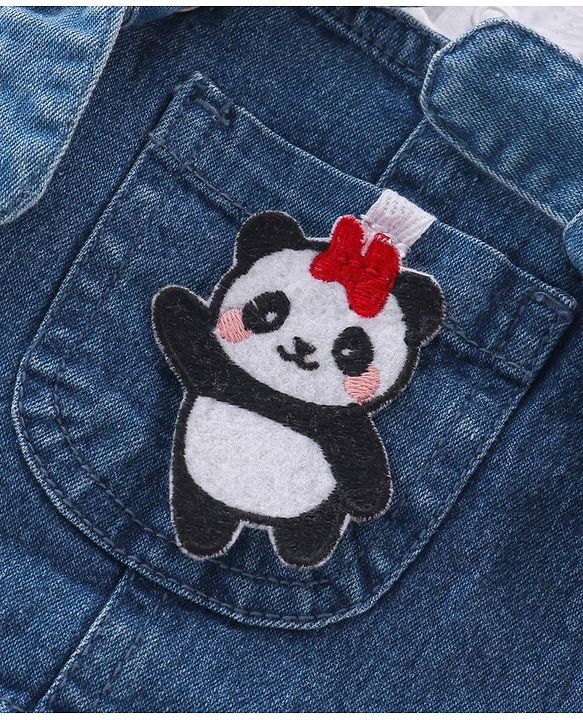 Babyhug 100% Cotton Knit Denim Frock With Half Sleeves Inner T-Shirt Panda Embroidery - Blue & White