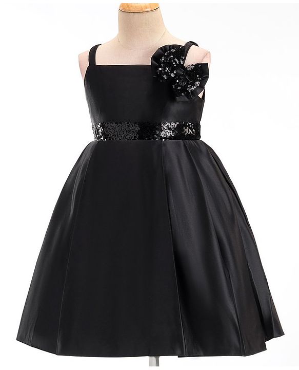 Babyhug Sleeveless Satin Party Frock with Sequinned Bow -Black