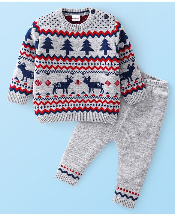 Babyhug Knitted Full Sleeves Reindeer Design Sweater & Pajama Set - Grey