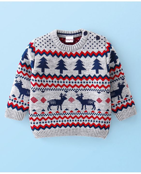 Babyhug Knitted Full Sleeves Reindeer Design Sweater & Pajama Set - Grey