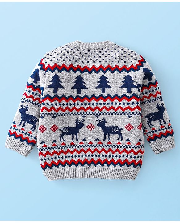 Babyhug Knitted Full Sleeves Reindeer Design Sweater & Pajama Set - Grey