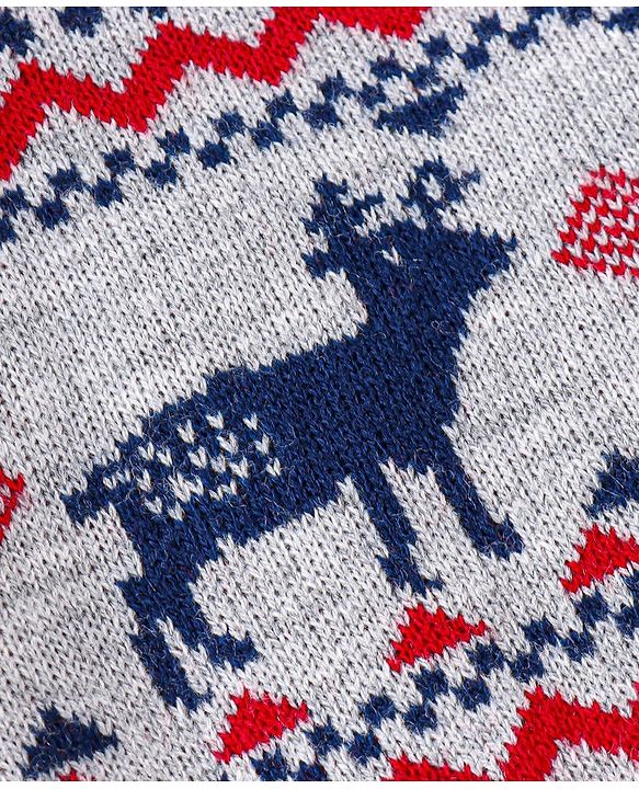 Babyhug Knitted Full Sleeves Reindeer Design Sweater & Pajama Set - Grey