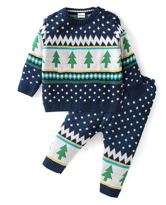 Babyhug Knitted Full Sleeves Baby Sweater Set Pine Tree Design - Navy Blue