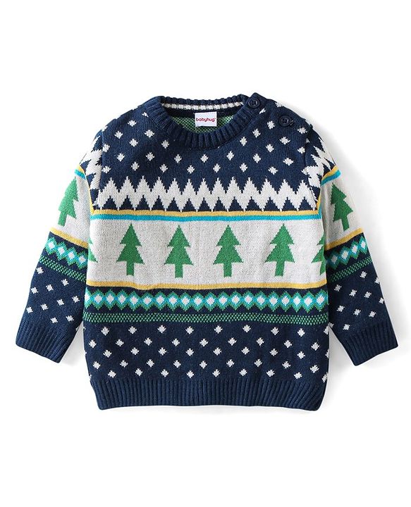 Babyhug Knitted Full Sleeves Baby Sweater Set Pine Tree Design - Navy Blue