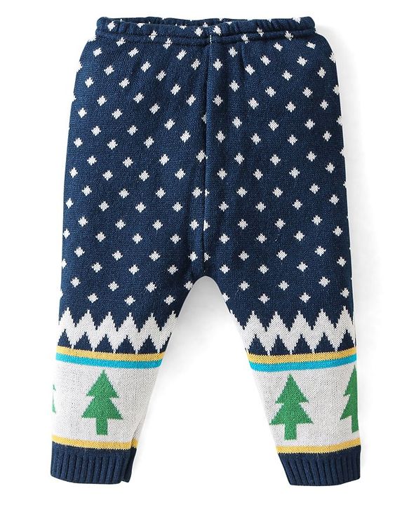 Babyhug Knitted Full Sleeves Baby Sweater Set Pine Tree Design - Navy Blue