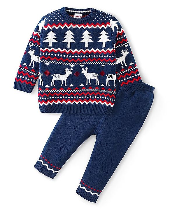 Babyhug Full Sleeves Baby Sweater Set with Reindeer Design - Navy Blue