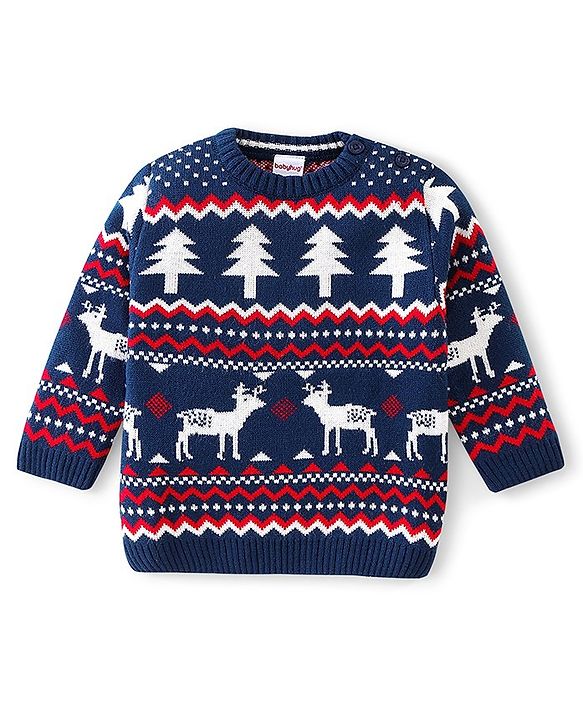 Babyhug Full Sleeves Baby Sweater Set with Reindeer Design - Navy Blue